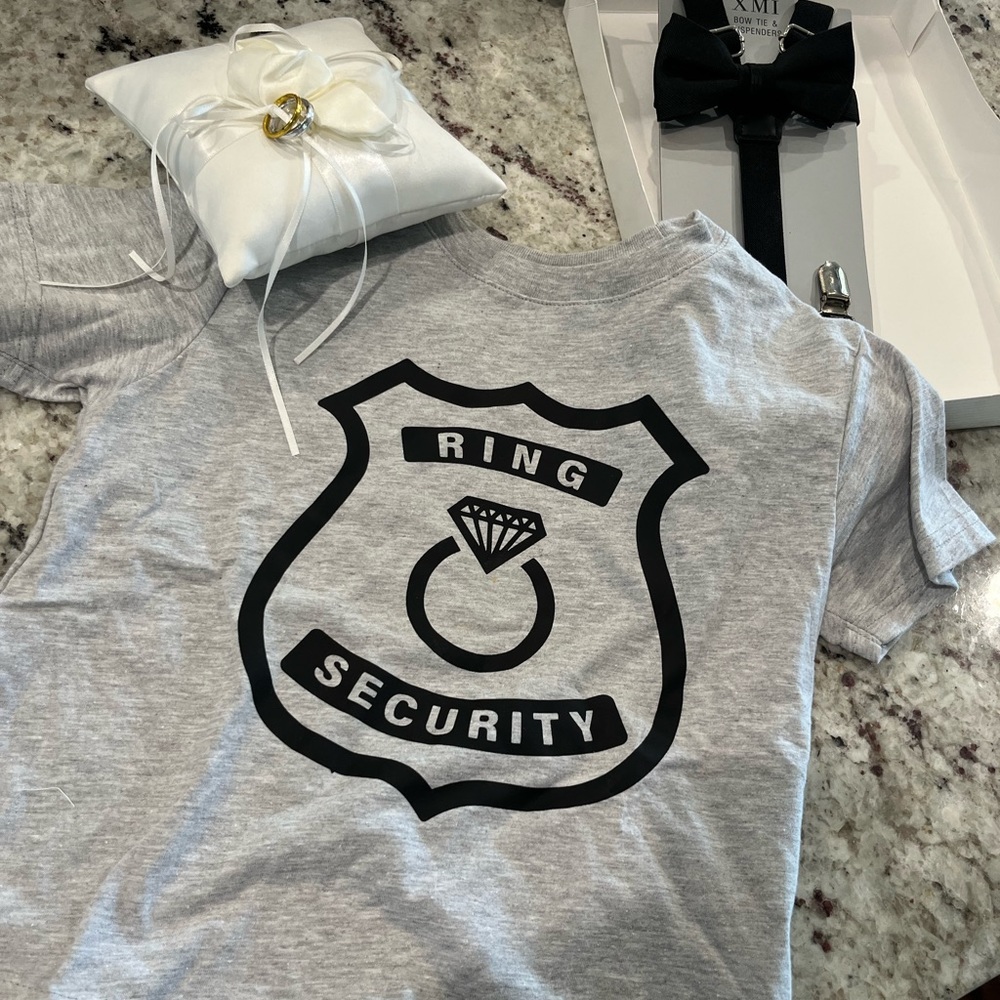 Ring bearer set- security (4T) t-shirt, ring pillow and boys suspenders/bow tie